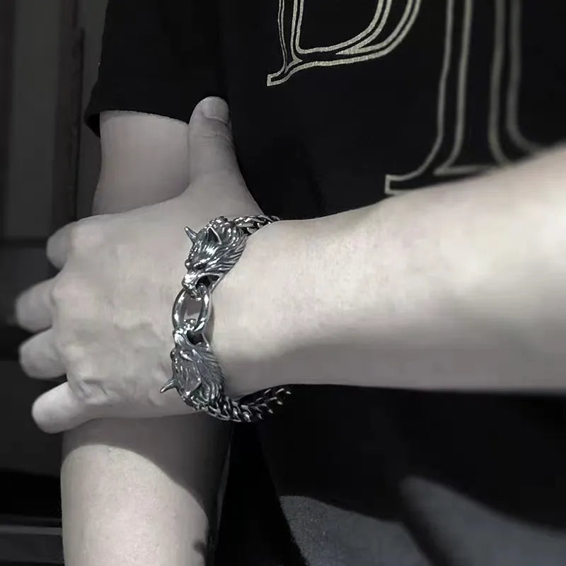 Unique Viking Double Wolf Head Bracelet