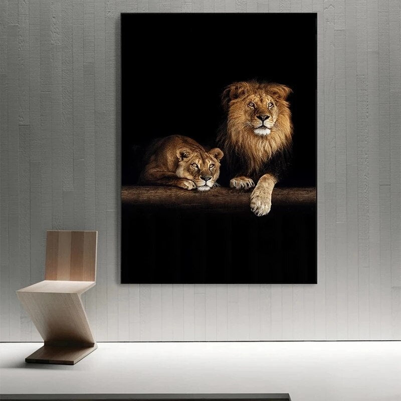 Modern Lion & Lioness Black Canvas