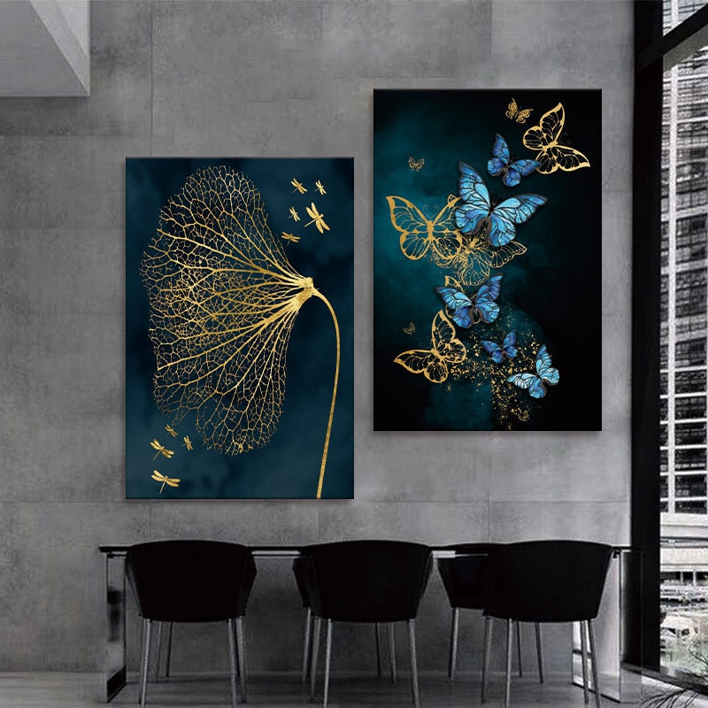 Modern Gold Blue Butterfly Canvas