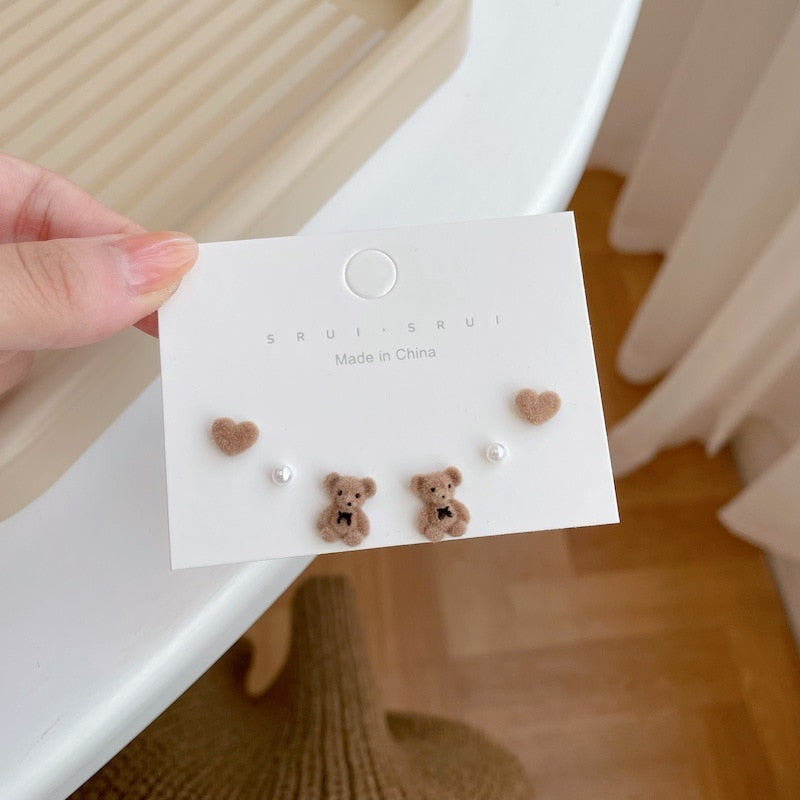 Brown Bear Earrings Set Funny Plush