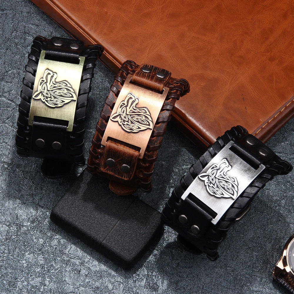 viking Wolf Head Leather Bracelet - animalchanel