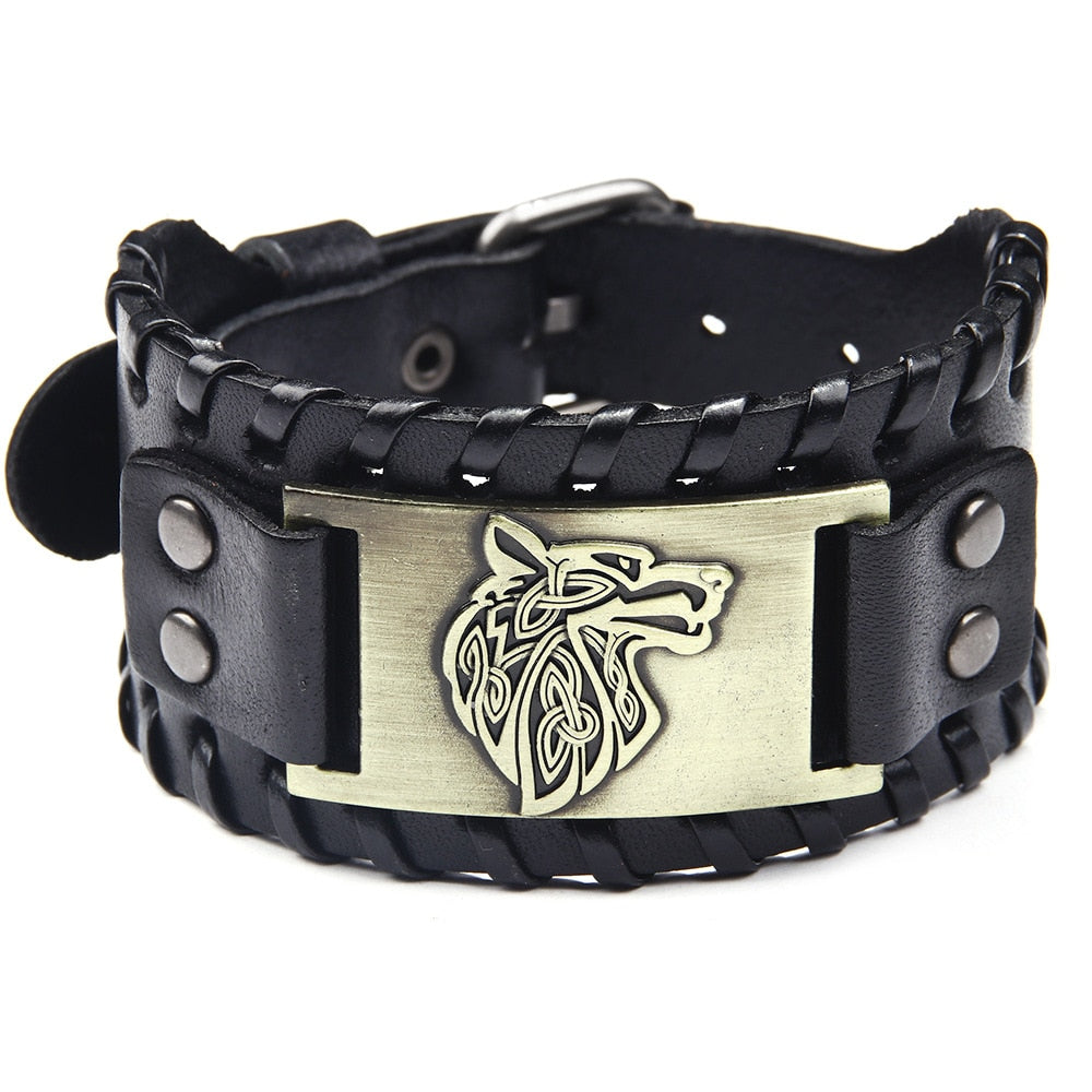 viking Wolf Head Leather Bracelet - animalchanel
