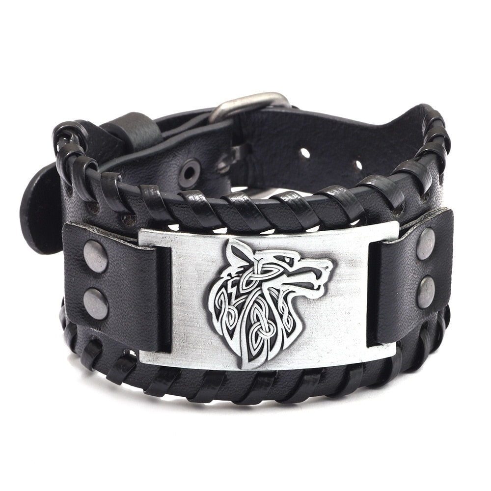 viking Wolf Head Leather Bracelet - animalchanel