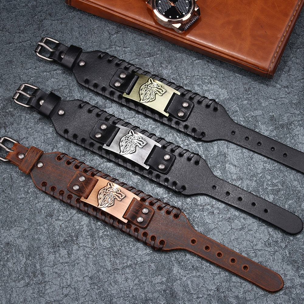 viking Wolf Head Leather Bracelet - animalchanel