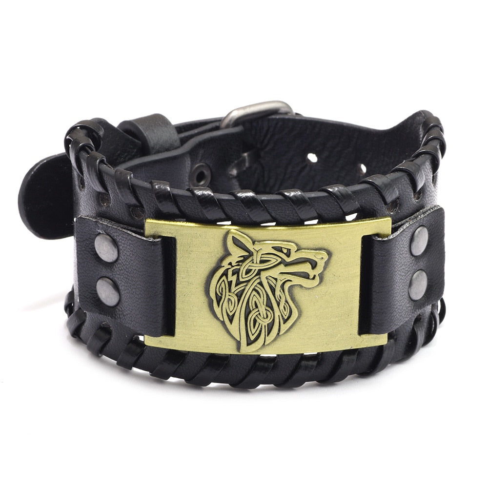 viking Wolf Head Leather Bracelet - animalchanel
