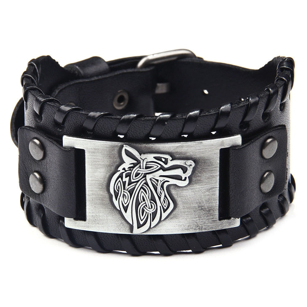viking Wolf Head Leather Bracelet - animalchanel