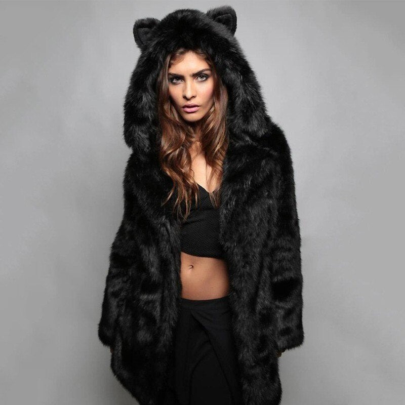 Elegant wolf faux fur coat