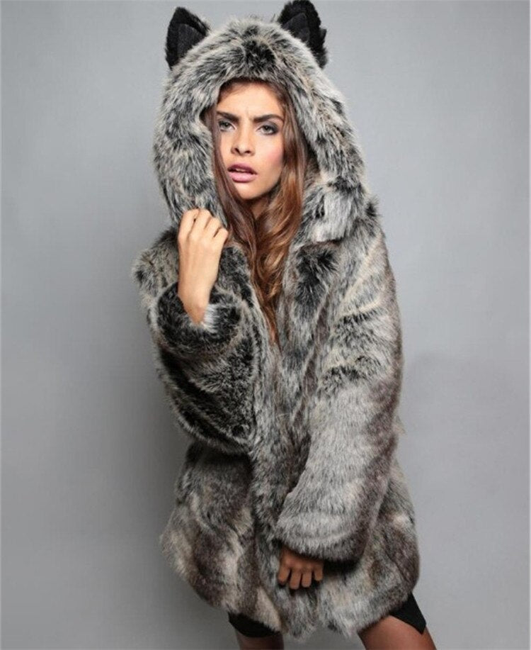 Elegant wolf faux fur coat