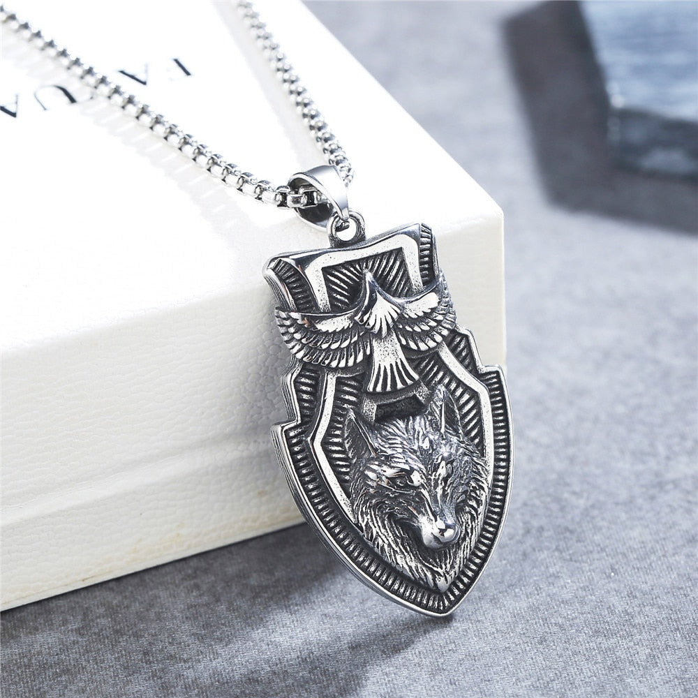 Unique Viking Eagle Wolf Head Necklace
