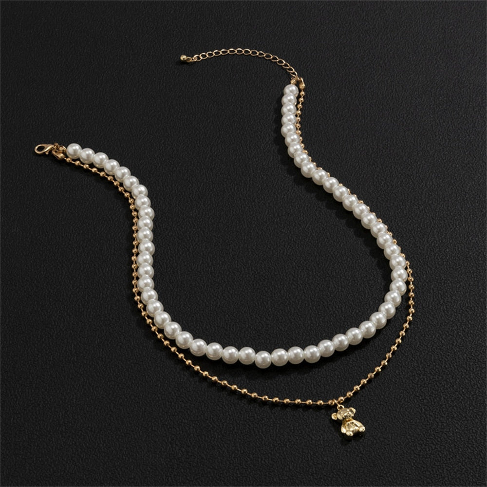 amazing Double Layer Pearl Bear Necklace