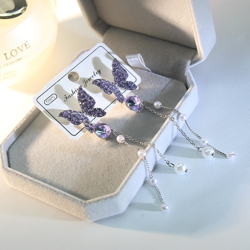 Stylish Purple Crystal Butterfly Earrings - animalchanel
