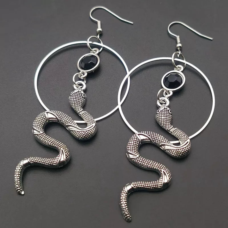 Unique Snake Circle Black Stone Earrings