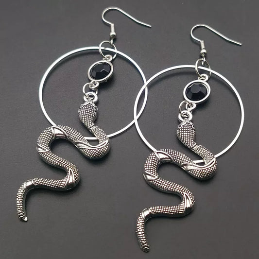 Unique Snake Circle Black Stone Earrings