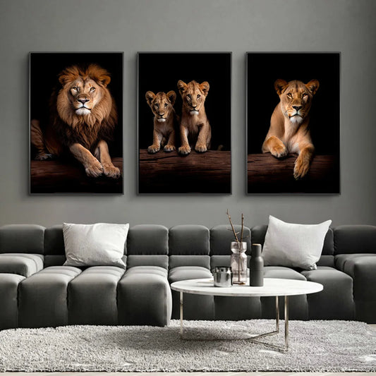 Unique Lion Family in the Dark Canvas