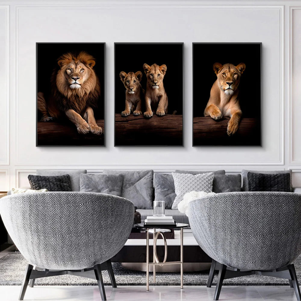 Unique Lion Family in the Dark Canvas