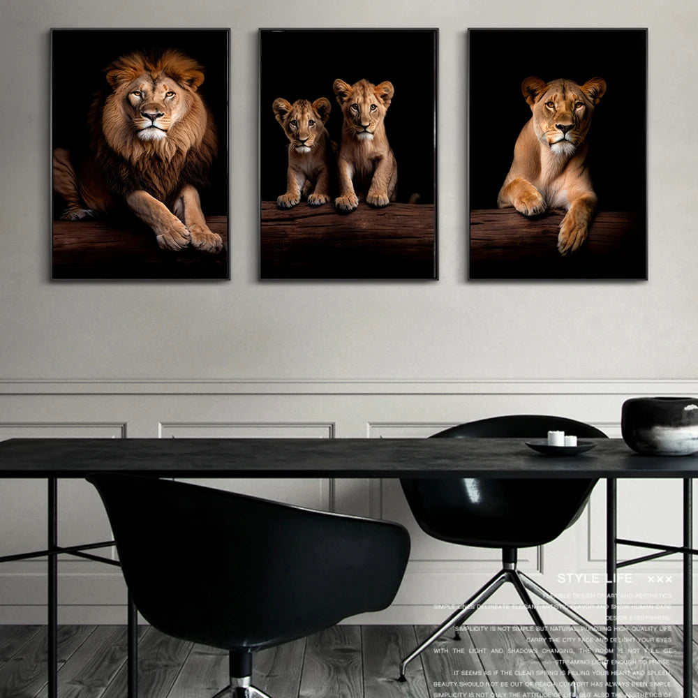 Unique Lion Family in the Dark Canvas