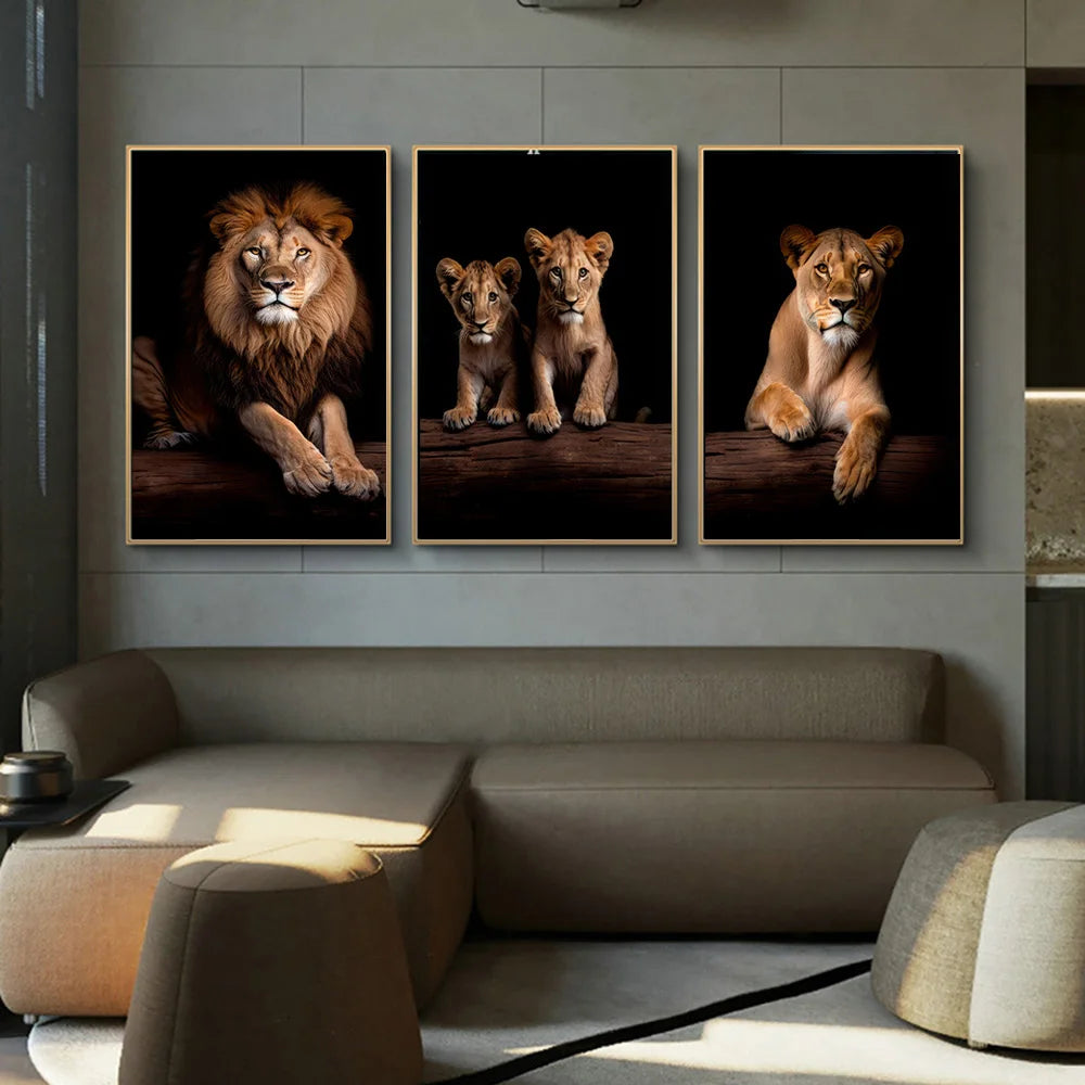 Unique Lion Family in the Dark Canvas