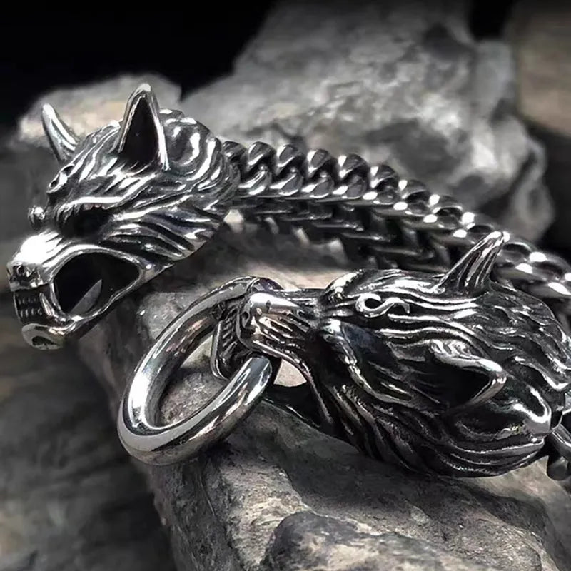 Unique Viking Double Wolf Head Bracelet