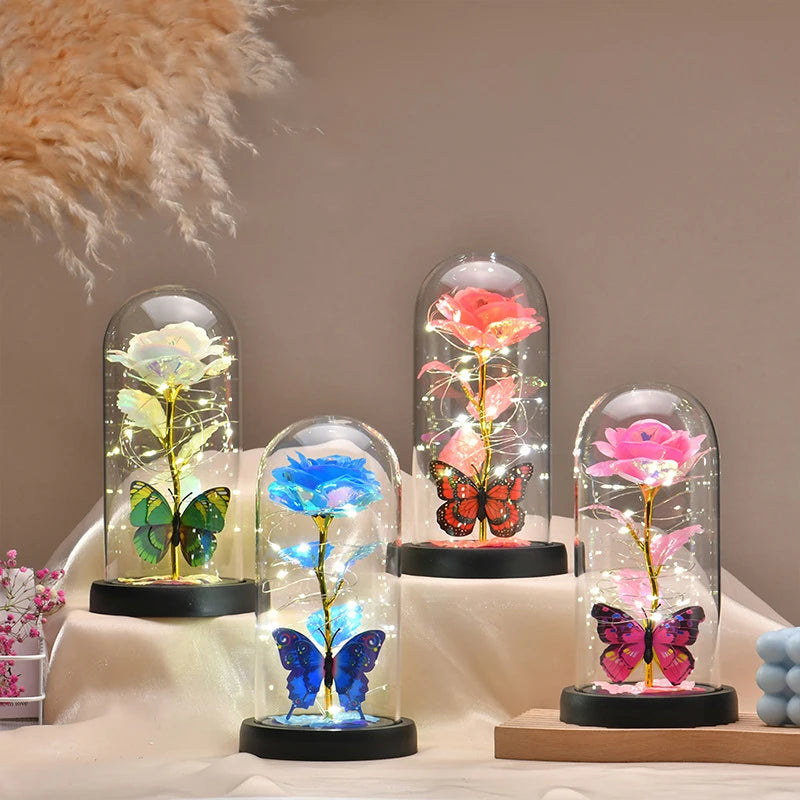 Rose Light Artificial Galaxy Rose Lamp with Butterfly LED