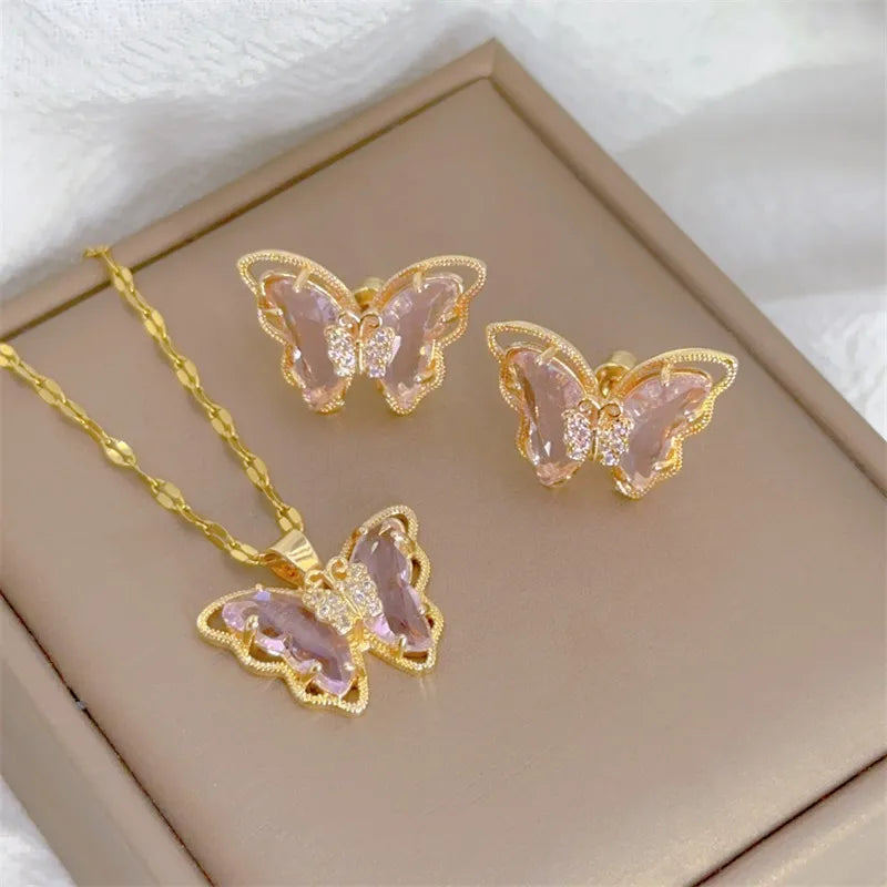 Cute  Butterfly Necklace Earrings Set