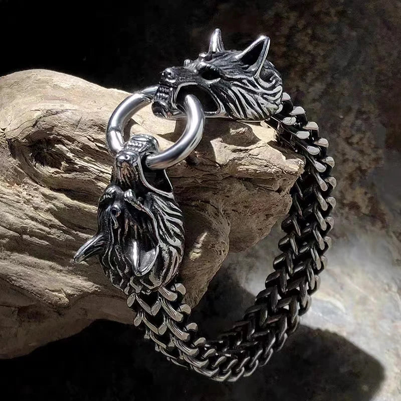 Unique Viking Double Wolf Head Bracelet