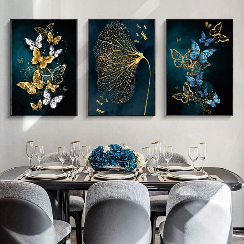 Modern Gold Blue Butterfly  Canvas