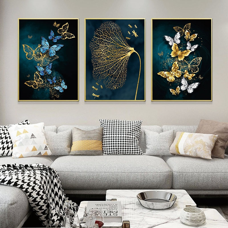 Modern Gold Blue Butterfly  Canvas