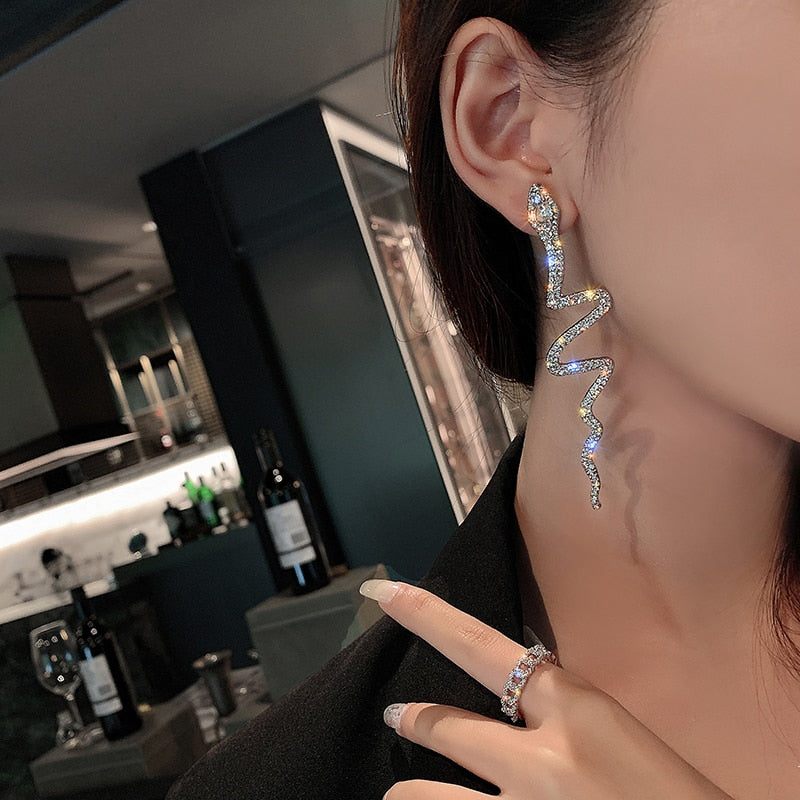 Elegant Long Crystal Snake Earrings - animalchanel
