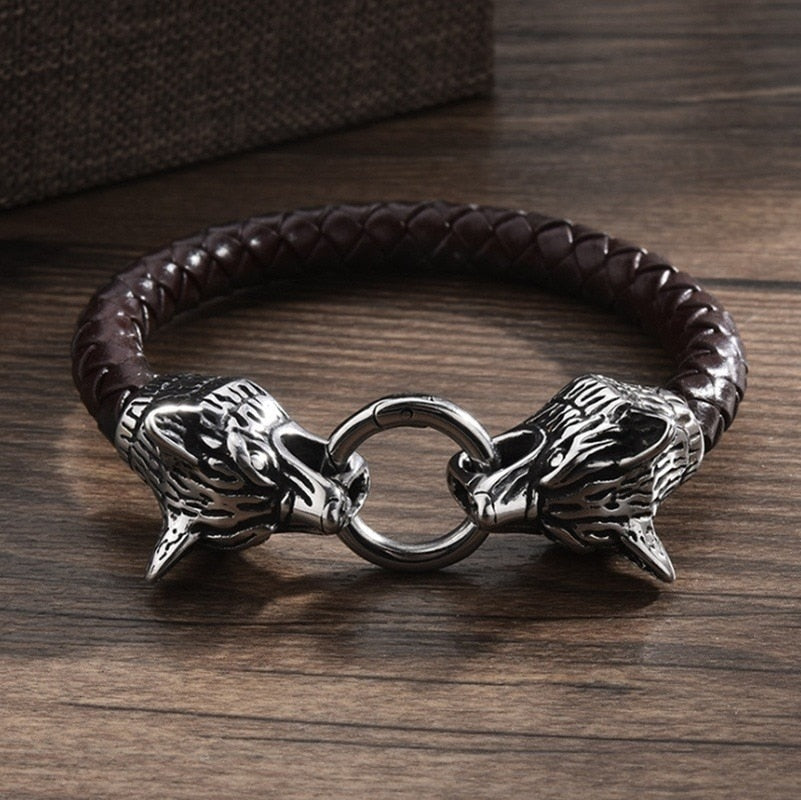 Viking Wolf Head Leather Bracelet - animalchanel
