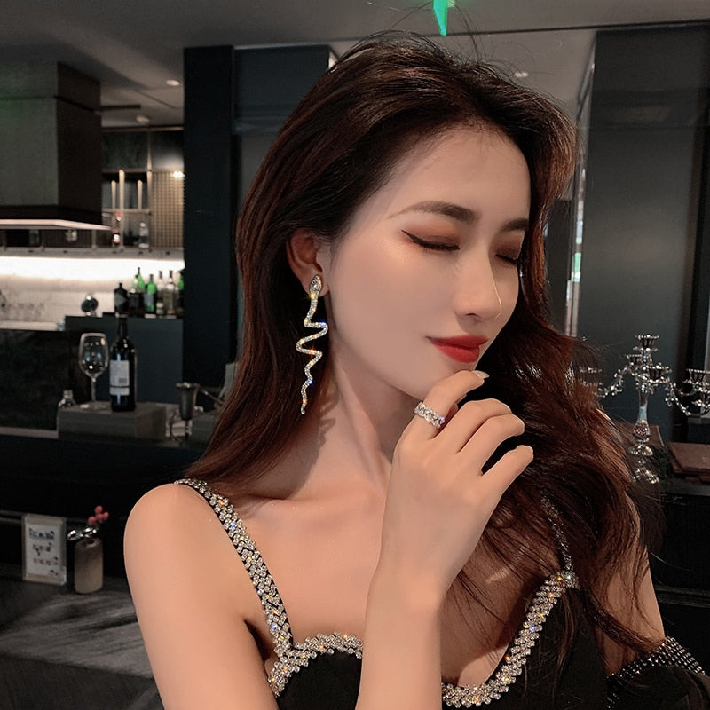 Elegant Long Crystal Snake Earrings - animalchanel