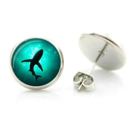 Marine Life Glass Cabochon Stud Shark Earrings