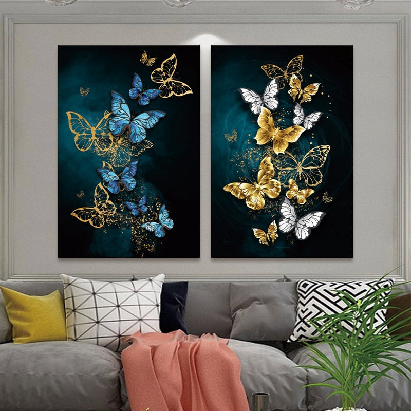 Modern Gold Blue Butterfly  Canvas