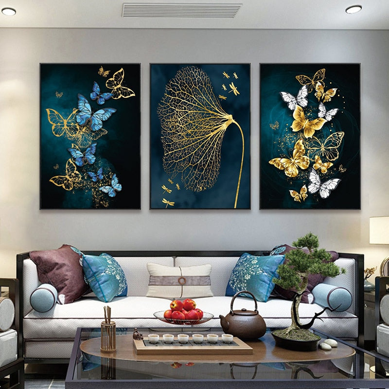 Modern Gold Blue Butterfly  Canvas