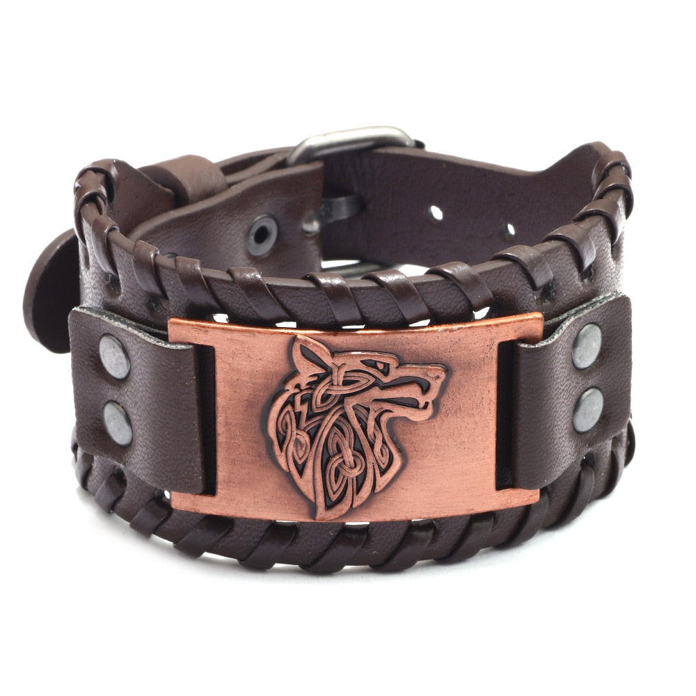 viking Wolf Head Leather Bracelet - animalchanel