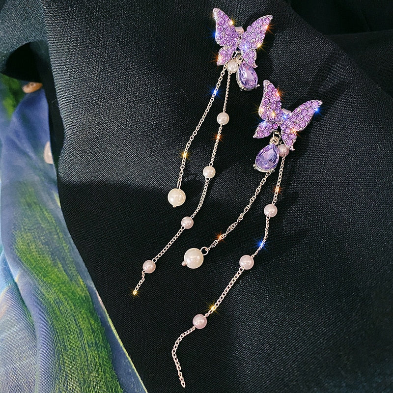 Stylish Purple Crystal Butterfly Earrings - animalchanel