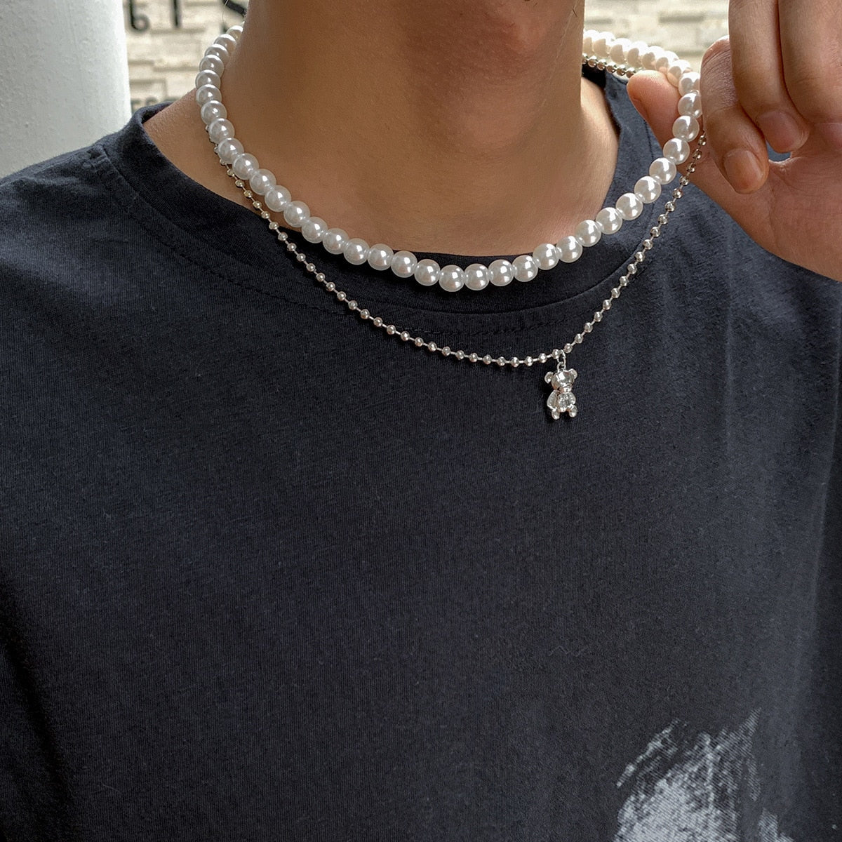 amazing Double Layer Pearl Bear Necklace