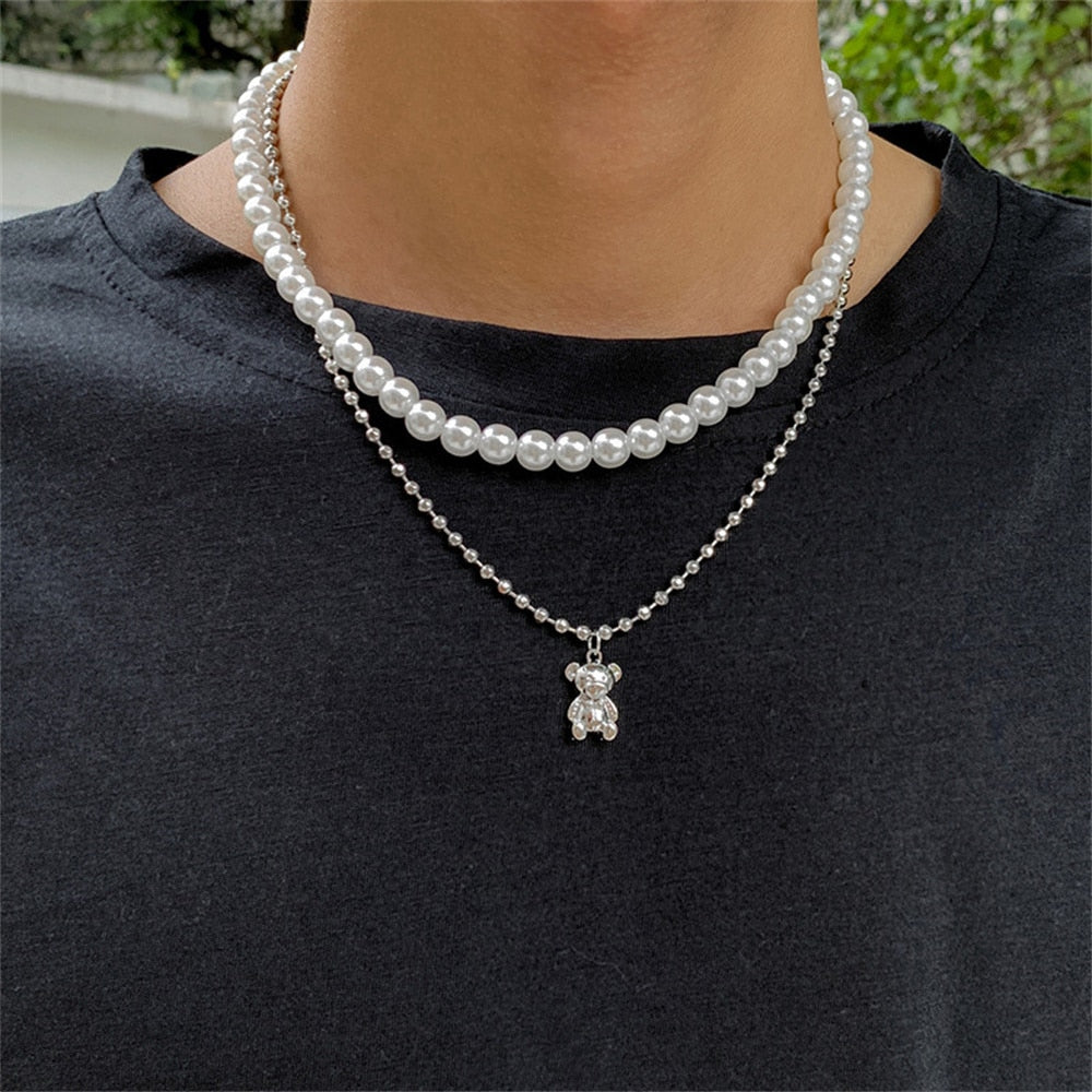 amazing Double Layer Pearl Bear Necklace