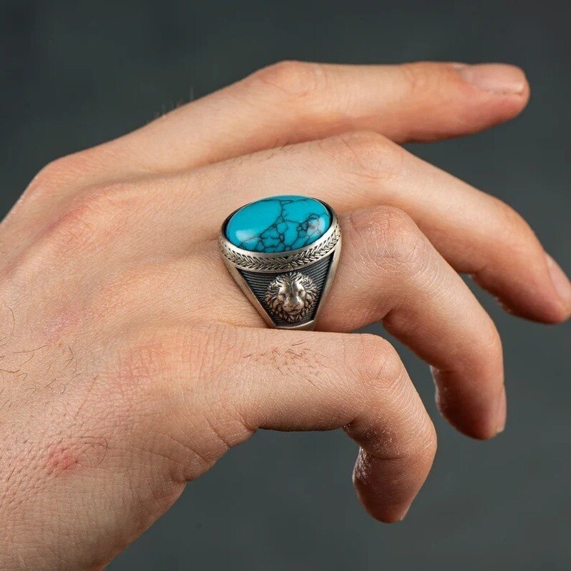 Unique Silver Oval Turquoise Lion Ring - animalchanel