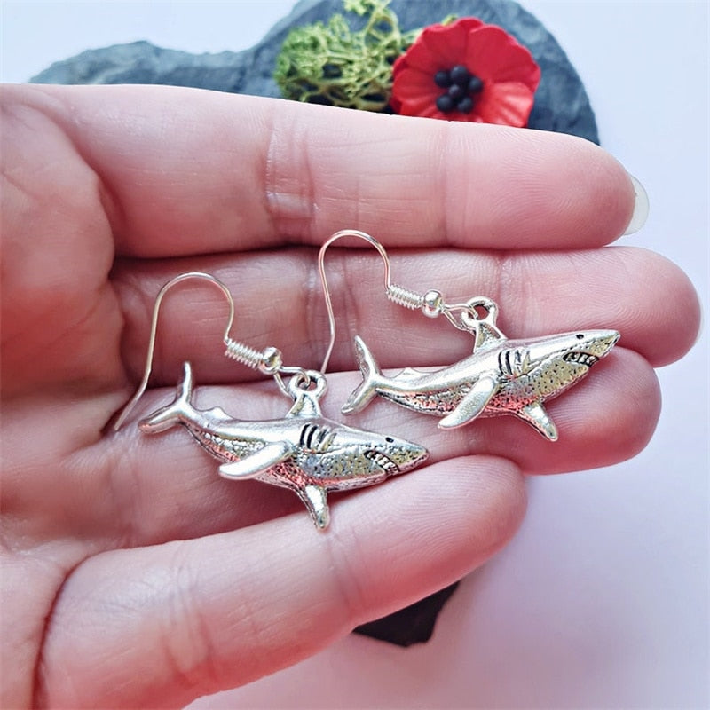Unique Silver Shark Pendant Earrings - animalchanel