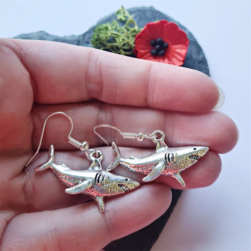 Unique Silver Shark Pendant Earrings - animalchanel