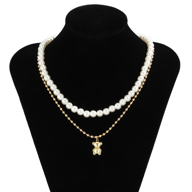 amazing Double Layer Pearl Bear Necklace